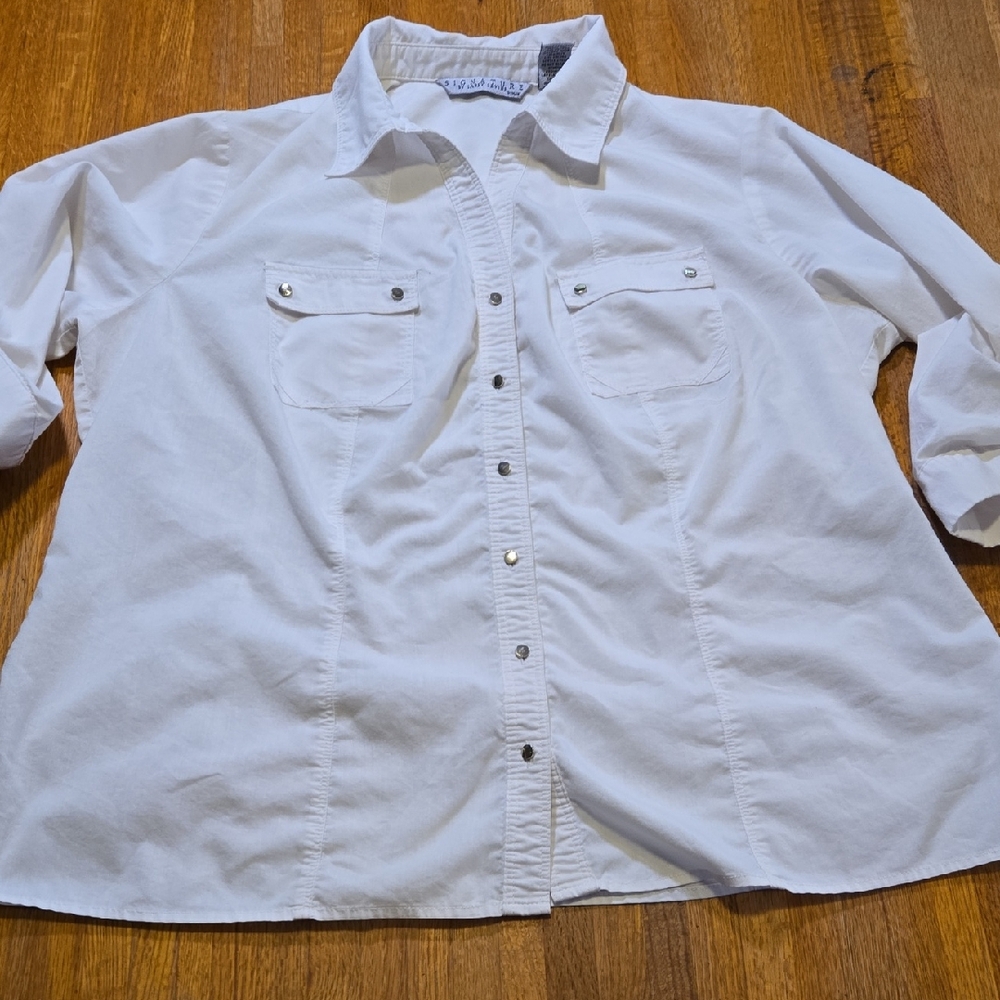 Signature‎ by Larry Levine Women 2X White Button-Down Roll Tab Long Sleeve Shirt